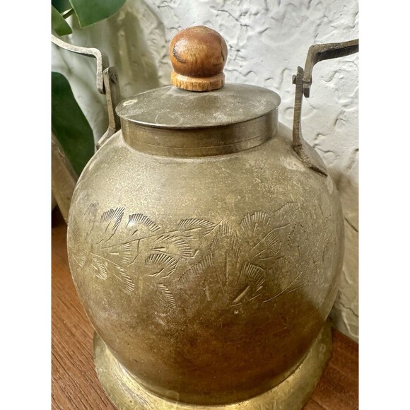 Antique Brass Tea Pot Kettle Original Old Hand Crafted Etched Wood Handle - Picture 4 of 7